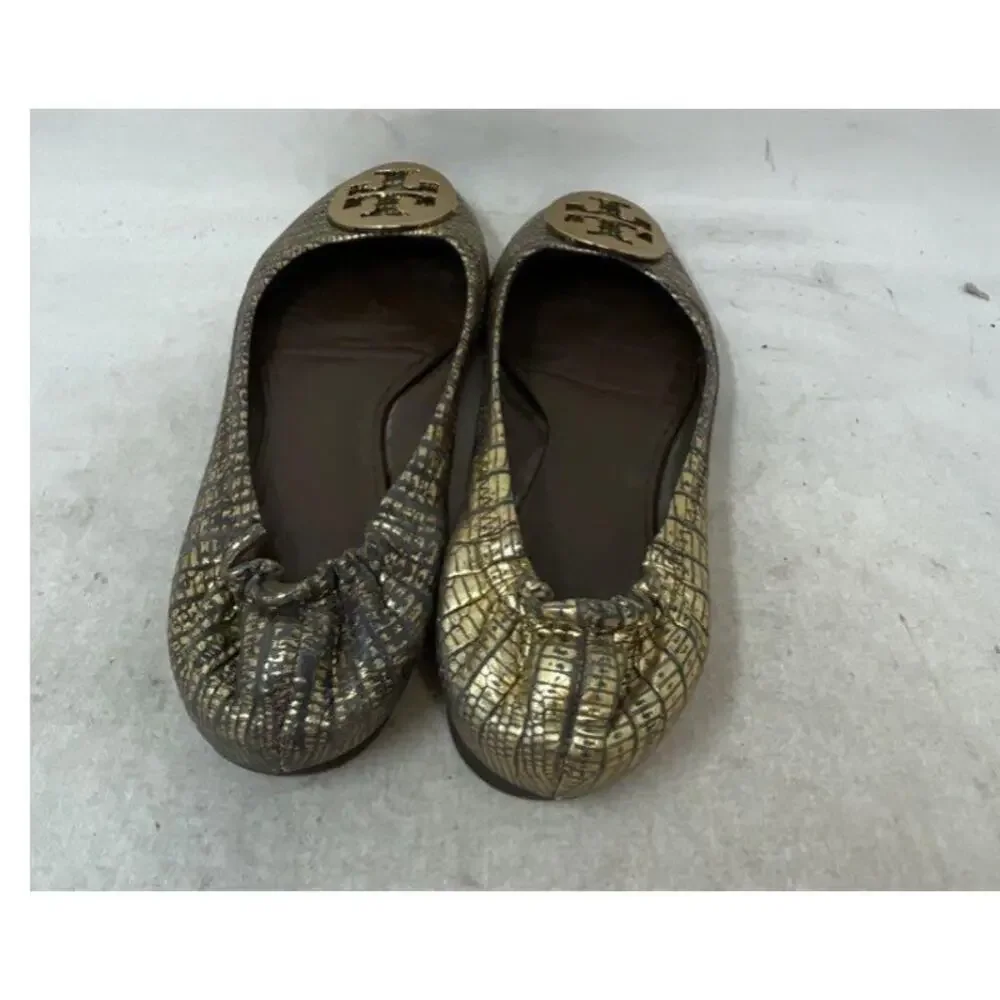 Tory Burch Size 6.5 Gold Reva Leather Slip On Ballet Flats Workwear